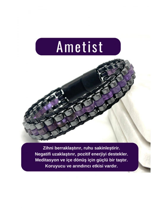 SERTİFİKALI Ametist Disk Model Doğal Taş Erkek Bileklik Kilitli Kapama