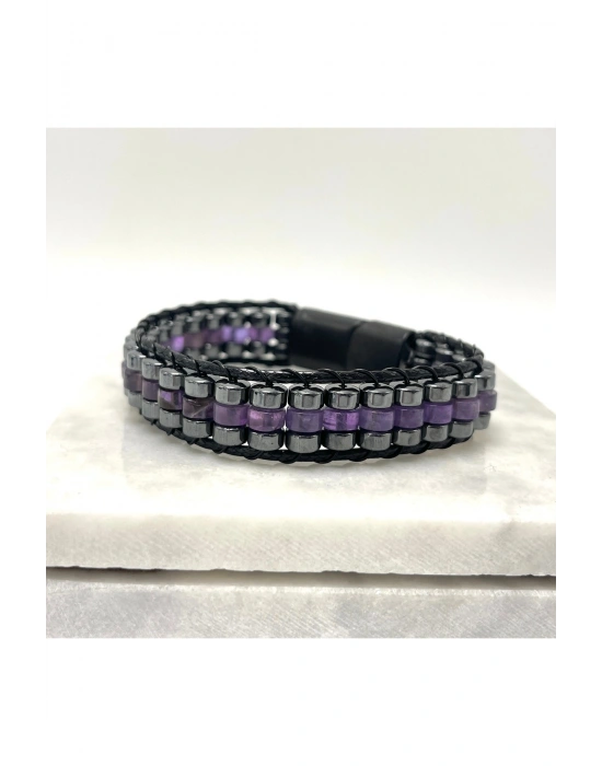 SERTİFİKALI Ametist Disk Model Doğal Taş Erkek Bileklik Kilitli Kapama