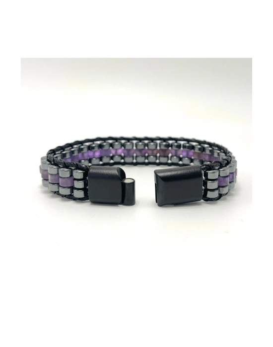 SERTİFİKALI Ametist Disk Model Doğal Taş Erkek Bileklik Kilitli Kapama