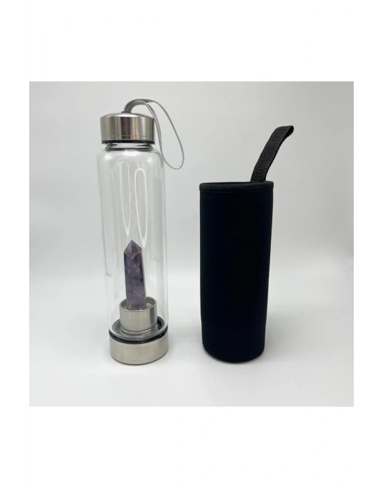 SERTİFİKALI Ametist Doğal Taş Cam Su Matarası 550 ml  Özel Kılıflı Contalı Kapak Paslanmaz Çelik