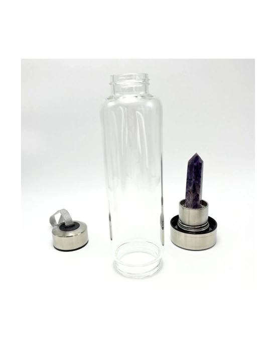 SERTİFİKALI Ametist Doğal Taş Cam Su Matarası 550 ml  Özel Kılıflı Contalı Kapak Paslanmaz Çelik