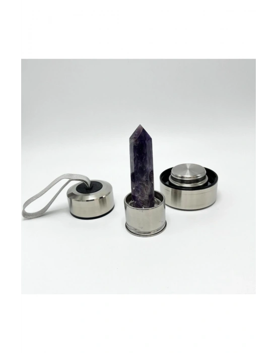 SERTİFİKALI Ametist Doğal Taş Cam Su Matarası 550 ml  Özel Kılıflı Contalı Kapak Paslanmaz Çelik