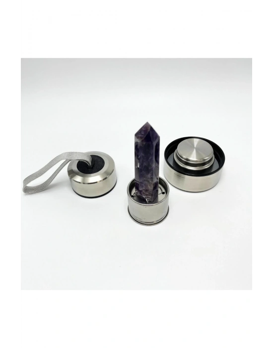 SERTİFİKALI Ametist Doğal Taş Cam Su Matarası 550 ml  Özel Kılıflı Contalı Kapak Paslanmaz Çelik