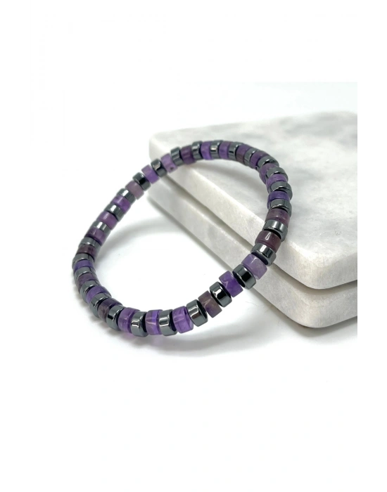 SERTİFİKALI Ametist - Hematit Disk Model Doğal Taş Misinalı Bileklik