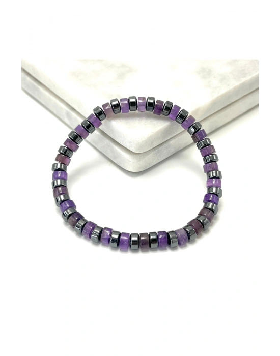 SERTİFİKALI Ametist - Hematit Disk Model Doğal Taş Misinalı Bileklik