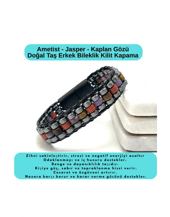SERTİFİKALI Ametist Jasper Kaplan Gözü Disk Model Doğal Taş Bileklik Mıknatıslı Kilit