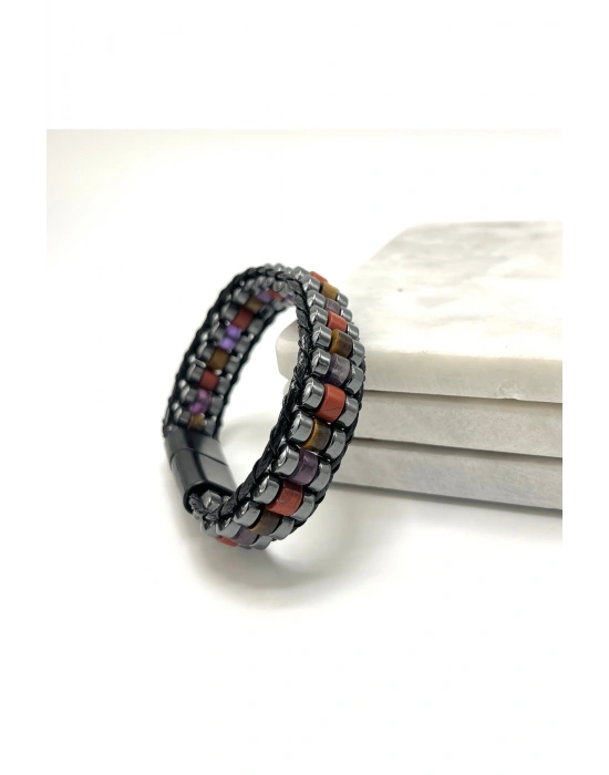 SERTİFİKALI Ametist Jasper Kaplan Gözü Disk Model Doğal Taş Bileklik Mıknatıslı Kilit