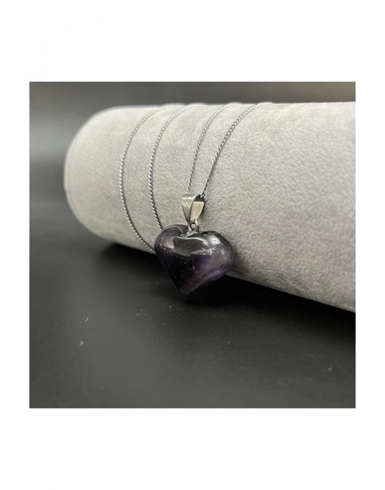 Sertifikalı Ametist Kalp Model Doğal Taş Kolye (KARARMAMA GARANTİLİ)