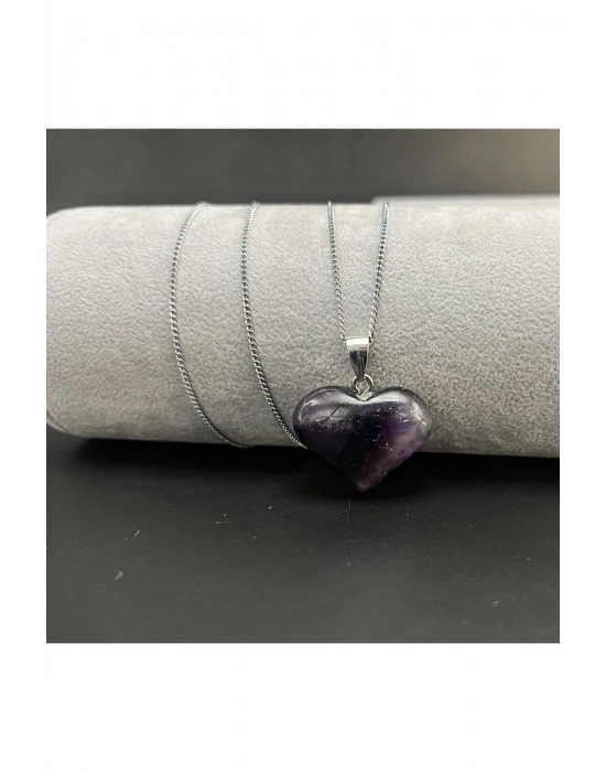 Sertifikalı Ametist Kalp Model Doğal Taş Kolye (KARARMAMA GARANTİLİ)
