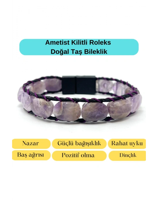 Sertifikalı Ametist Kilit Kapama Roleks Doğal Taş Deri Bileklik