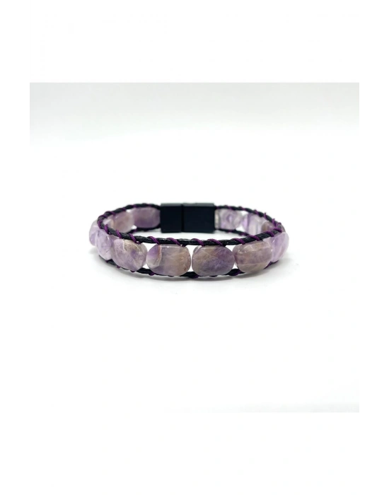 Sertifikalı Ametist Kilit Kapama Roleks Doğal Taş Deri Bileklik