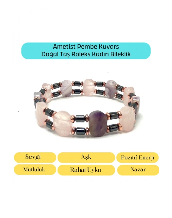 SERTİFİKALI Ametist Pembe Kuvars Hematit Doğal Taş Roleks Kadın Bileklik