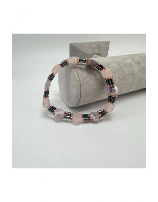 SERTİFİKALI Ametist Pembe Kuvars Hematit Doğal Taş Roleks Kadın Bileklik