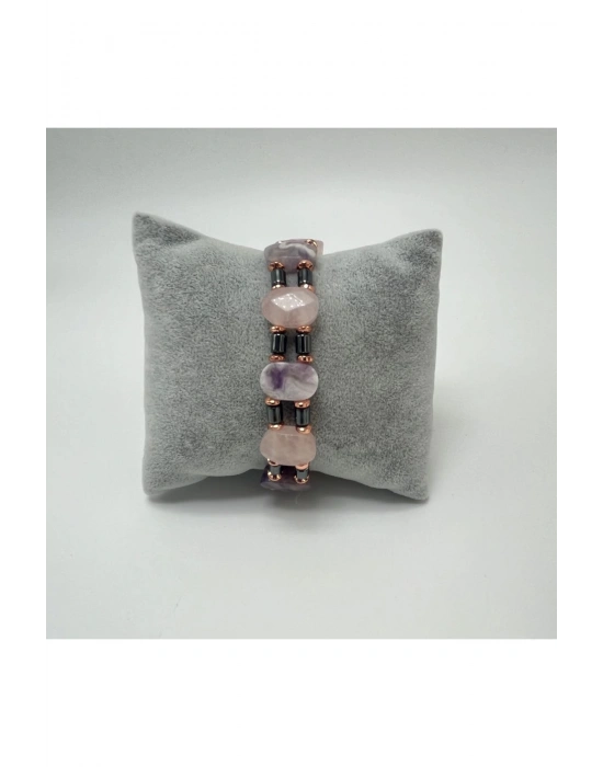 SERTİFİKALI Ametist Pembe Kuvars Hematit Doğal Taş Roleks Kadın Bileklik