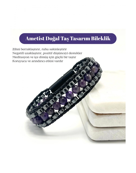 Sertifikalı Ametist Taşı Erkek Bileklik – Çelik Kilitli, Doğal Taş Tasarım, Şık ve Özgün Aksesuar