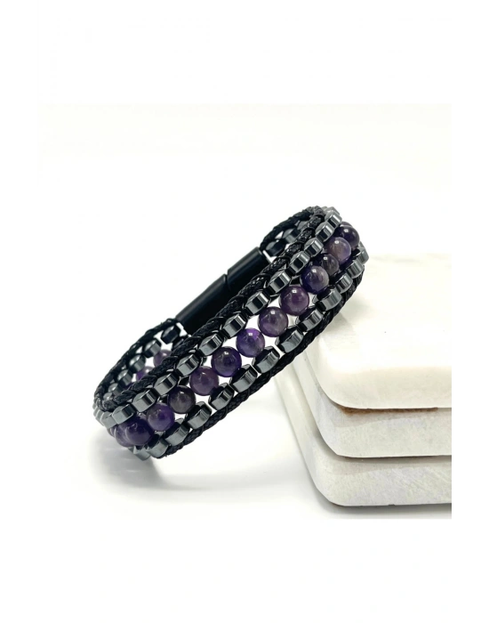 Sertifikalı Ametist Taşı Erkek Bileklik – Çelik Kilitli, Doğal Taş Tasarım, Şık ve Özgün Aksesuar