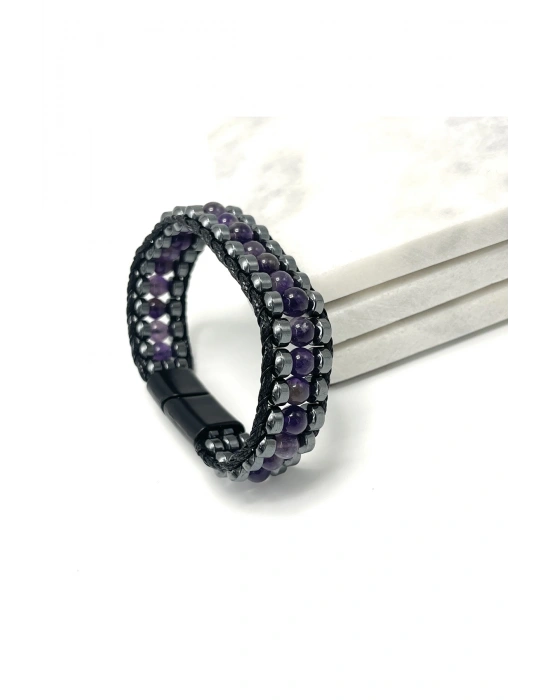 Sertifikalı Ametist Taşı Erkek Bileklik – Çelik Kilitli, Doğal Taş Tasarım, Şık ve Özgün Aksesuar