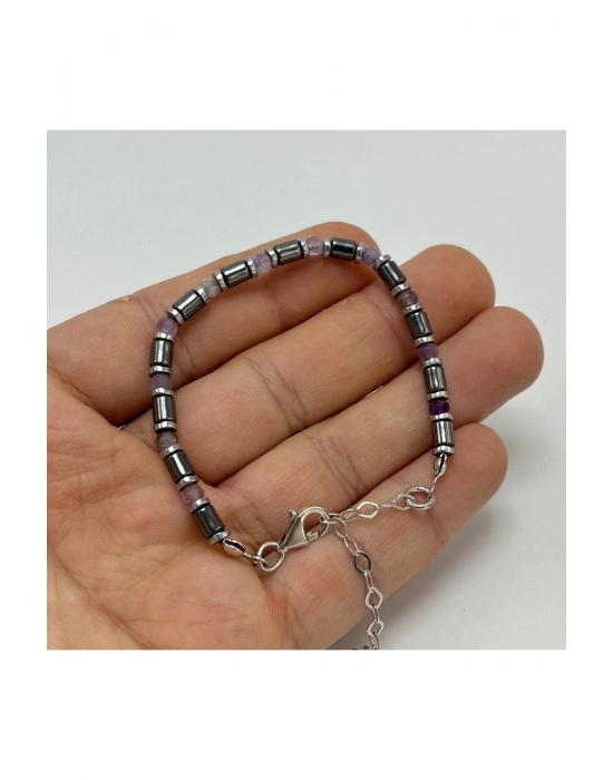 Sertifikalı Ametist ve Hematit  925 Ayar Doğal Taş Gümüş Bileklik 4mm