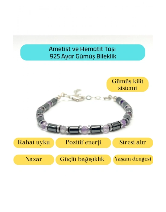 Sertifikalı Ametist ve Hematit  925 Ayar Doğal Taş Gümüş Bileklik 4mm