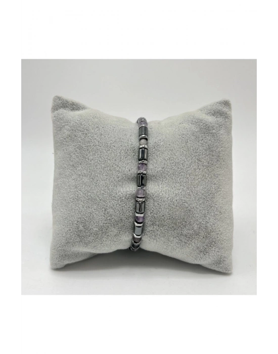 Sertifikalı Ametist ve Hematit  925 Ayar Doğal Taş Gümüş Bileklik 4mm