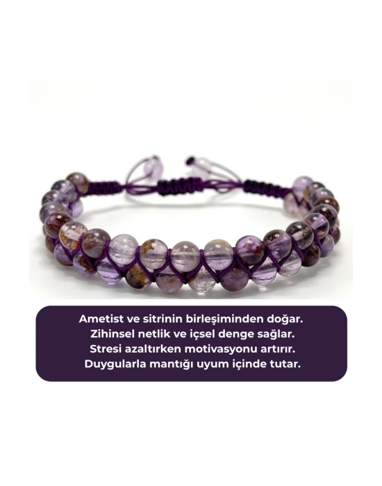 SERTİFİKALI Ametrin Çift Sıra Doğal Taş Makrome Bileklik Ayarlanabilir Ölçü