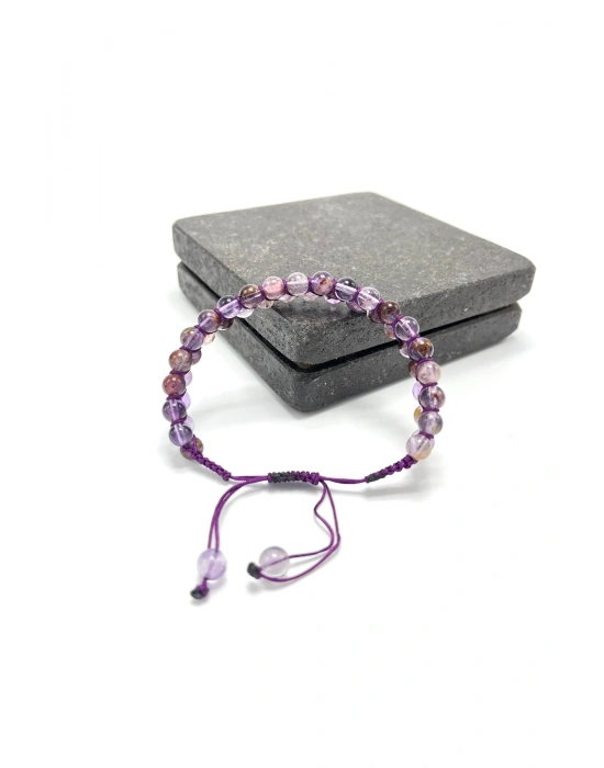 SERTİFİKALI Ametrin Çift Sıra Doğal Taş Makrome Bileklik Ayarlanabilir Ölçü