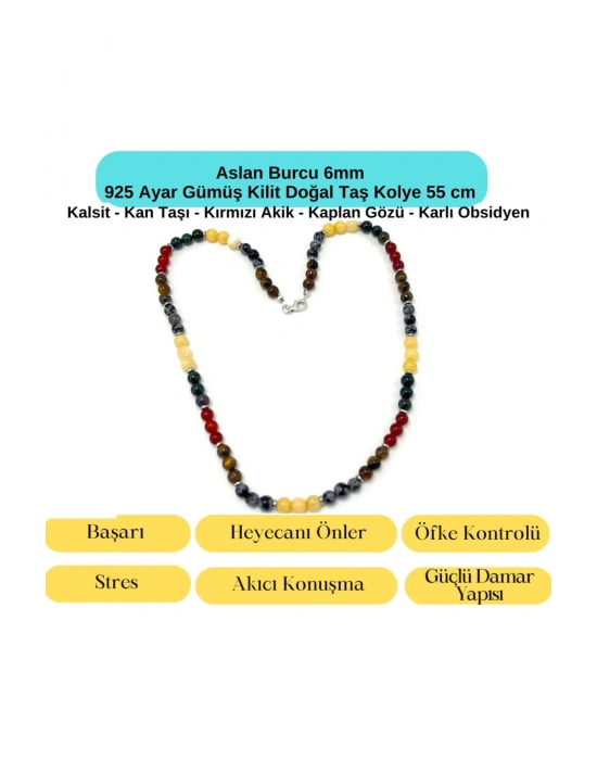 SERTİFİKALI Aslan Burcu 6mm 925 Ayar Gümüş Doğal Taş Kolye 55 cm
