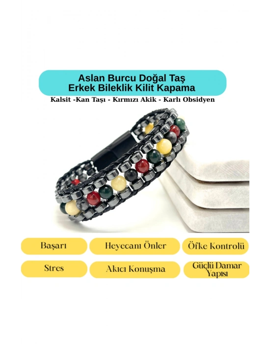 SERTİFİKALI Aslan Burcu Disk Model Doğal Taş Erkek Bileklik Mıknatıslı Kilit