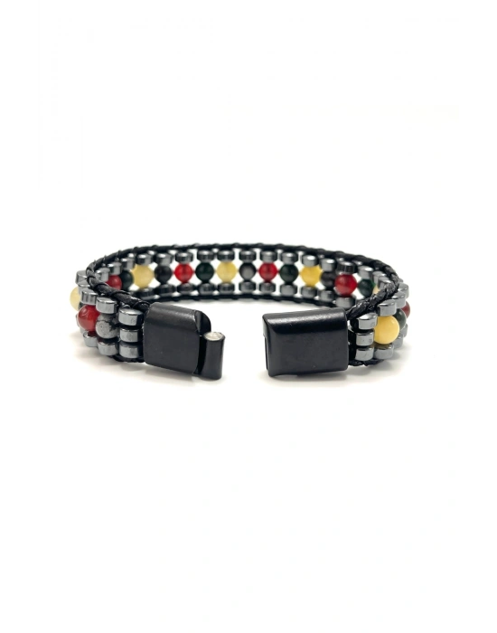 SERTİFİKALI Aslan Burcu Disk Model Doğal Taş Erkek Bileklik Mıknatıslı Kilit