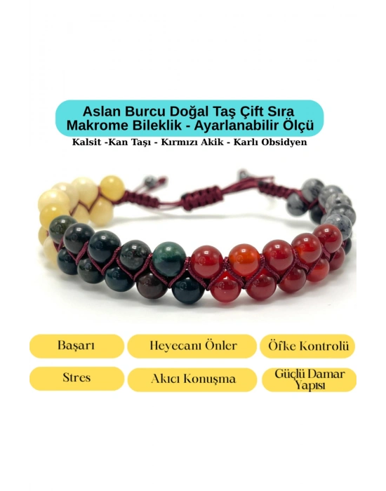 SERTİFİKALI Aslan Burcu Doğal Taş Çift Sıra Makrome Bileklik