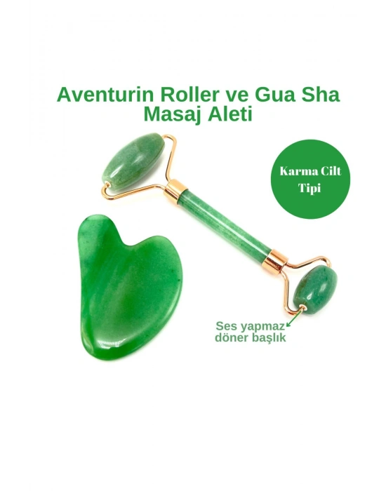 Sertifikalı Aventurin 1. Sınıf Kalite Roller ve Gua Sha Doğal Taş Masaj Aleti Takım