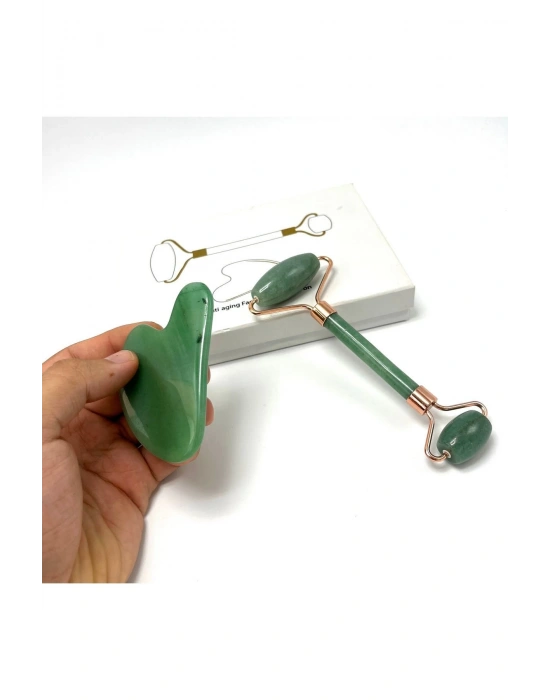 Sertifikalı Aventurin 1. Sınıf Kalite Roller ve Gua Sha Doğal Taş Masaj Aleti Takım