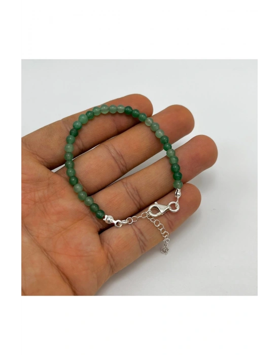 SERTİFİKALI Aventurin 4mm 925 Ayar Gümüş Doğal Taş Bileklik Uzatma Zincirli