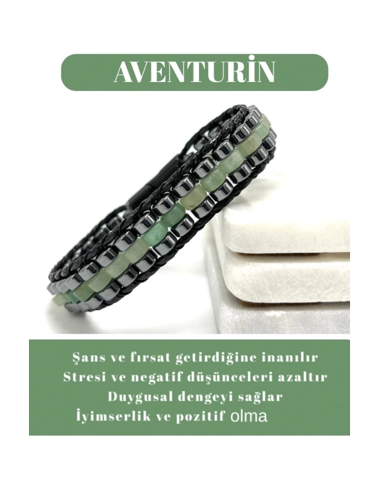 Sertifikalı Aventurin Disk Model Doğal Taş Erkek Bileklik Kilitli Kapama