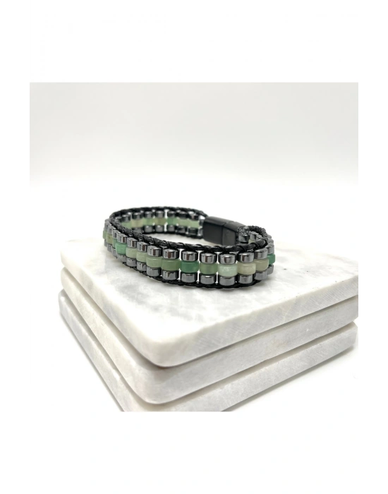 Sertifikalı Aventurin Disk Model Doğal Taş Erkek Bileklik Kilitli Kapama