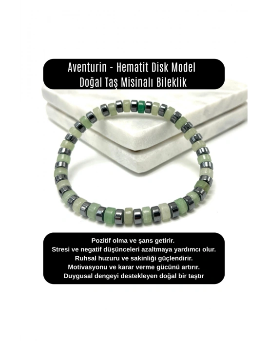 SERTİFİKALI Aventurin - Hematit Disk Model Doğal Taş Misinalı Bileklik