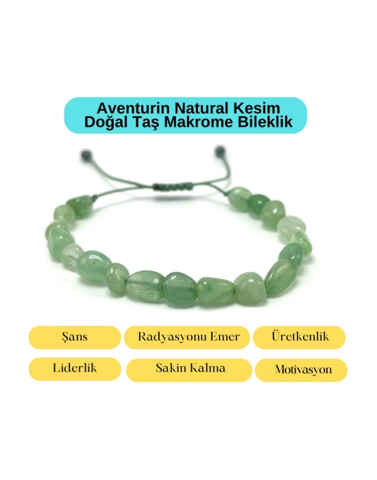 Sertifikalı Aventurin Natural Kesim Makrome Doğal Taş Bileklik Ayarlanabilir Ölçü