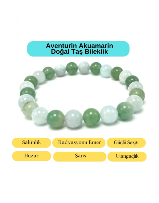 Sertifikalı Aventurin ve Akuamarin Doğal Taş Misinalı Bileklik 8mm