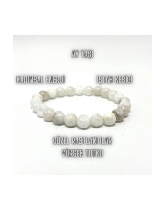 Sertifikalı Ay Taşı 8mm Elastik Misinalı Doğal Taş Bileklik