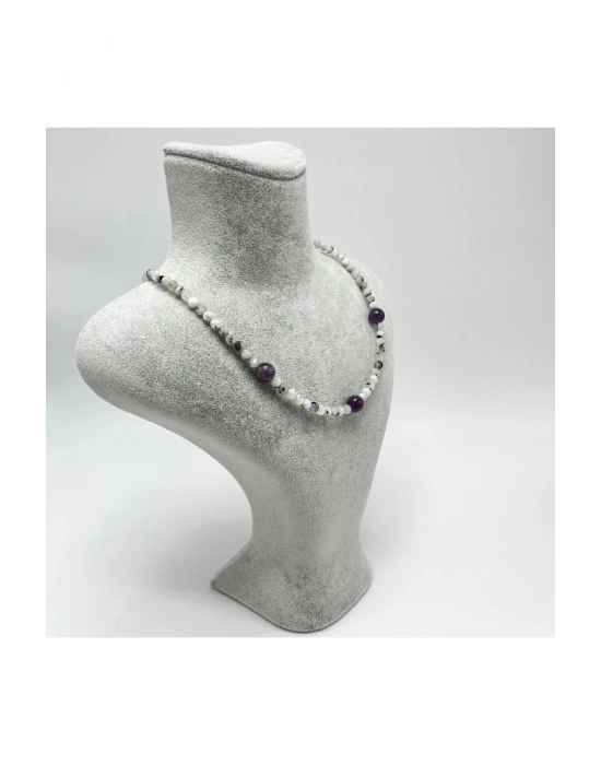 SERTİFİKALI Ay Taşı Ametist 4mm 925 Ayar Gümüş Doğal Taş Kolye Uzatma Zincirli