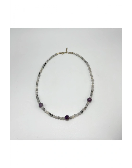 SERTİFİKALI Ay Taşı Ametist 4mm 925 Ayar Gümüş Doğal Taş Kolye Uzatma Zincirli