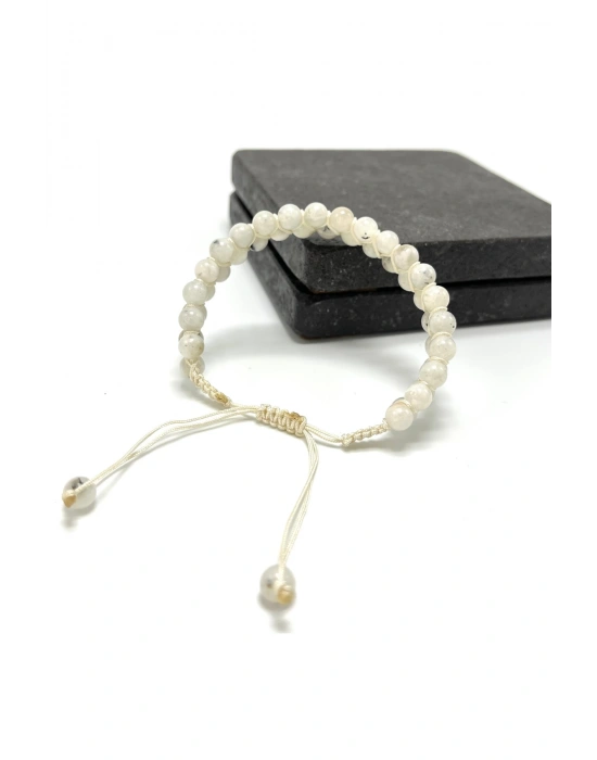 SERTİFİKALI Ay Taşı Çift Sıra Doğal Taş Makrome Bileklik Ayarlanabilir Ölçü