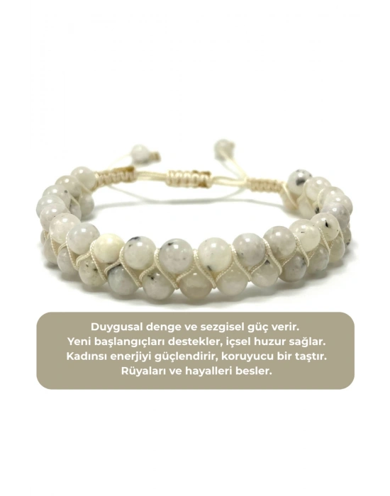 SERTİFİKALI Ay Taşı Çift Sıra Doğal Taş Makrome Bileklik Ayarlanabilir Ölçü