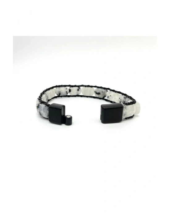 Sertifikalı Ay Taşı Kilit Kapama Roleks Doğal Taş Deri Bileklik