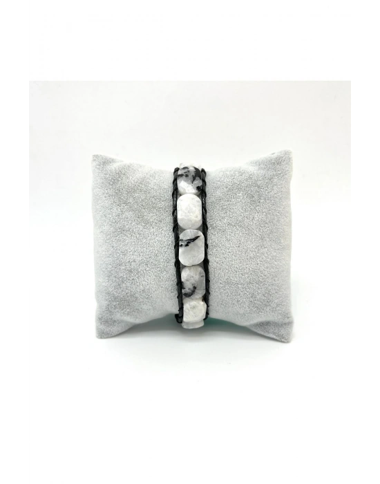 Sertifikalı Ay Taşı Kilit Kapama Roleks Doğal Taş Deri Bileklik