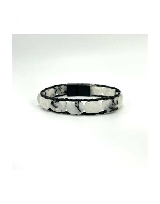 Sertifikalı Ay Taşı Kilit Kapama Roleks Doğal Taş Deri Bileklik