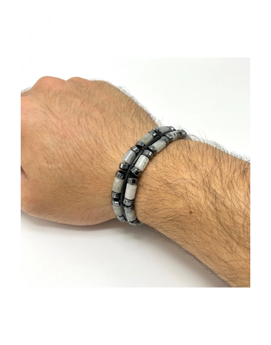 Sertifikalı Ay Taşı ve Hematit Makrome Doğal Taş Deri Erkek Bileklik