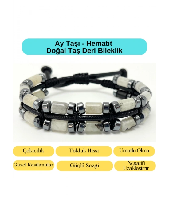 Sertifikalı Ay Taşı ve Hematit Makrome Doğal Taş Deri Erkek Bileklik