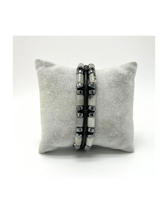 Sertifikalı Ay Taşı ve Hematit Makrome Doğal Taş Deri Erkek Bileklik