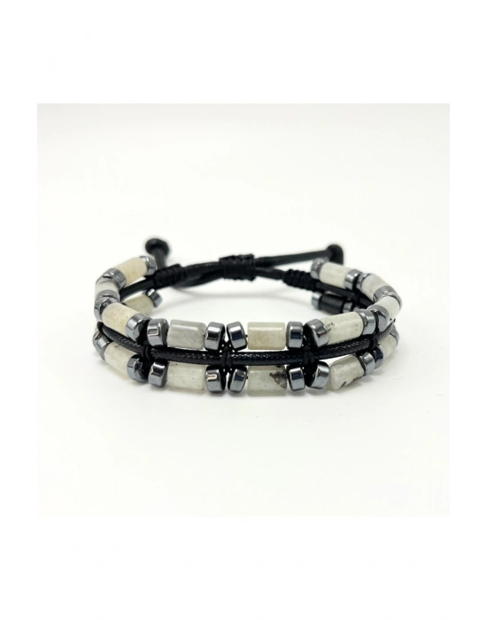 Sertifikalı Ay Taşı ve Hematit Makrome Doğal Taş Deri Erkek Bileklik